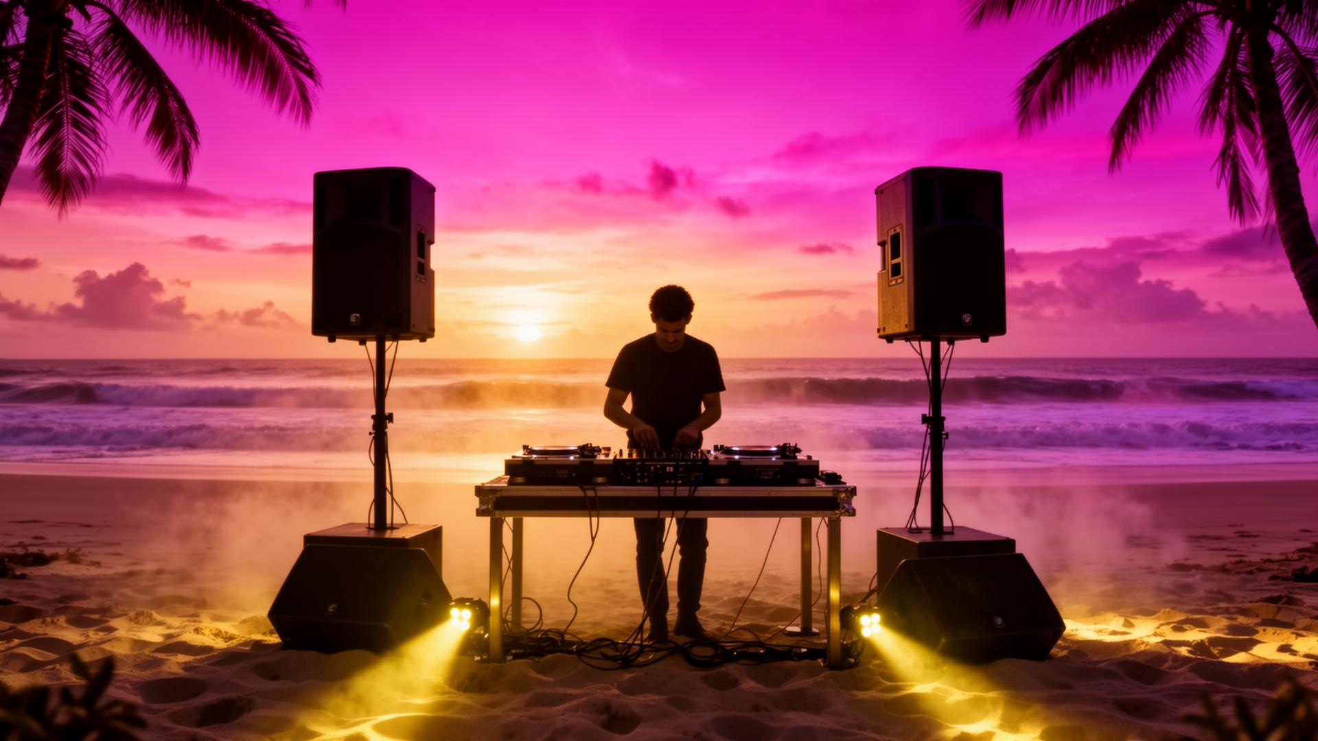 Outdoor DJ setup at beach sunset